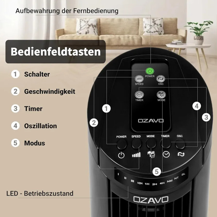 پنکه برجی ریموت دار چرخشی با قدرت پرتاب هوای بالای 6 متر برند Ozavo(کاملا بیصدا و خنک)هوای محیط اطراف را میگیرد و به باد سرد تبدیل کرده و در اتاق پخش میکند