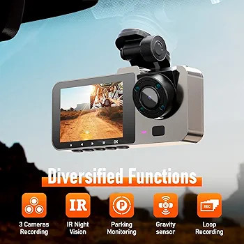 دوربین ثبت وقایع 3 کاناله IIWEY T2 PRO، دوربین داشبورد 1080P داخلی و خارجی برای خودرو، دارای 4 لامپ مادون قرمز، دوربین سه طرفه خودرو، دید در شب فوق العاده، مانیتور پارک 2.5 اینچی LCD، پورت USB C، ضبط حلقه ای