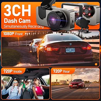 دوربین ثبت وقایع 3 کاناله IIWEY T2 PRO، دوربین داشبورد 1080P داخلی و خارجی برای خودرو، دارای 4 لامپ مادون قرمز، دوربین سه طرفه خودرو، دید در شب فوق العاده، مانیتور پارک 2.5 اینچی LCD، پورت USB C، ضبط حلقه ای