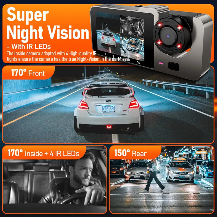 دوربین ثبت وقایع 3 کاناله IIWEY T2 PRO، دوربین داشبورد 1080P داخلی و خارجی برای خودرو، دارای 4 لامپ مادون قرمز، دوربین سه طرفه خودرو، دید در شب فوق العاده، مانیتور پارک 2.5 اینچی LCD، پورت USB C، ضبط حلقه ای