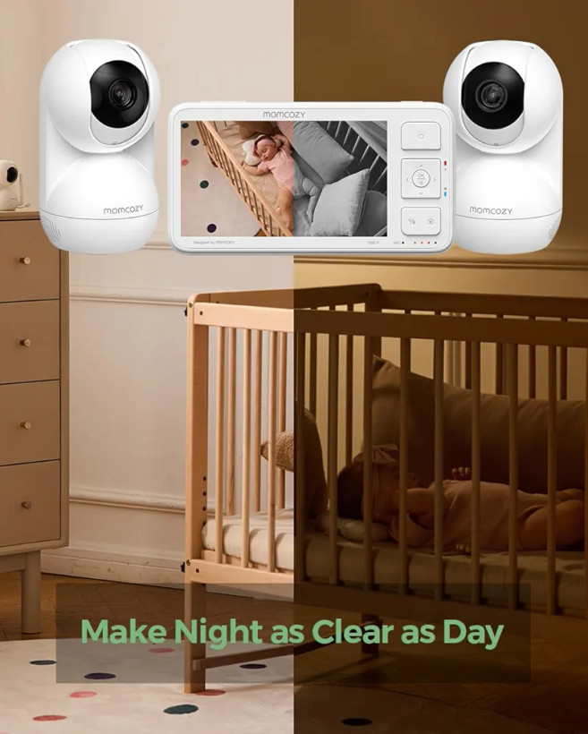 دوربین مراقبت نوزاد با دو دوربین 360 و یک مانیتور 5.5 اینچی با کیفیت تصویر فول اچ دی برند MOMCOZY مدل BM03