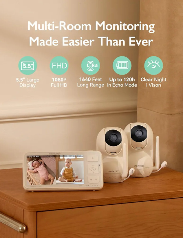 دوربین مراقبت نوزاد با دو دوربین 360 و یک مانیتور 5.5 اینچی با کیفیت تصویر فول اچ دی برند MOMCOZY مدل BM03