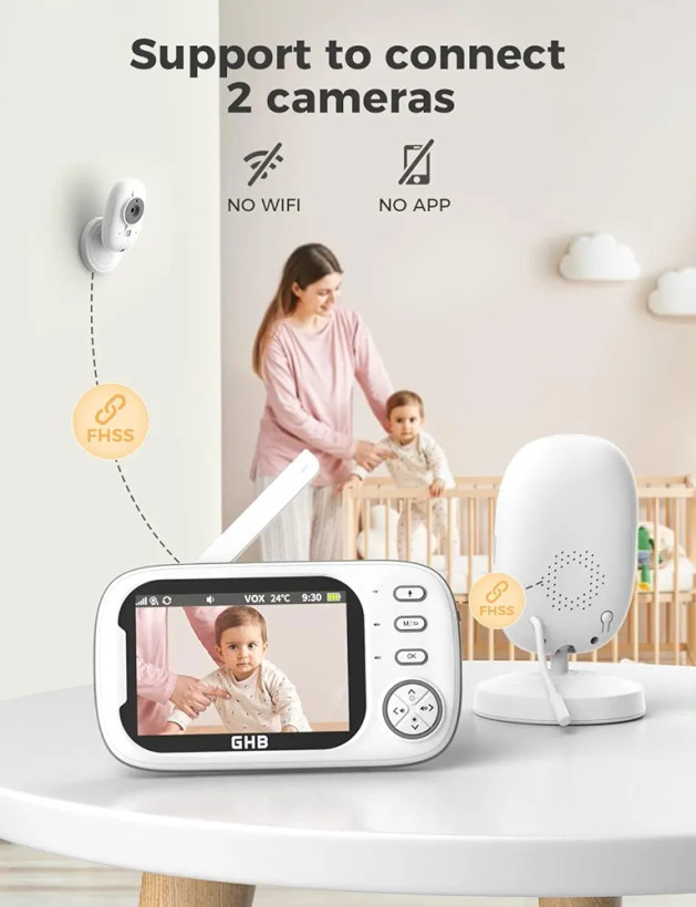 دوربین مراقبت کودک مانیتور دار با وای فای داخلی برند GHB مدل ABM600 با مانیتور 3.5 اینچی و کیفیت تصویر HD
