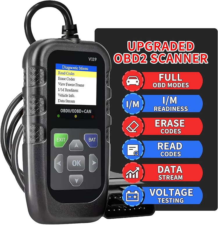 دیاگ OBD2 خودرو، ابزار تشخیصی، کدخوان، تستر ولتاژ، کد خطای چراغ چک موتور، OBD2/EOBD برای پروتکل OBDII خودرو و کامیون مدل V119