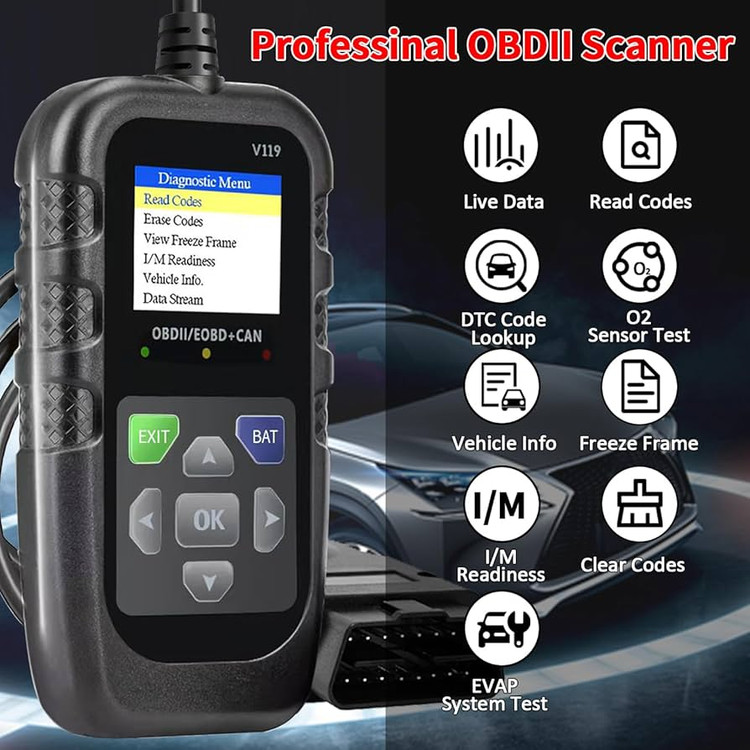 دیاگ OBD2 خودرو، ابزار تشخیصی، کدخوان، تستر ولتاژ، کد خطای چراغ چک موتور، OBD2/EOBD برای پروتکل OBDII خودرو و کامیون مدل V119