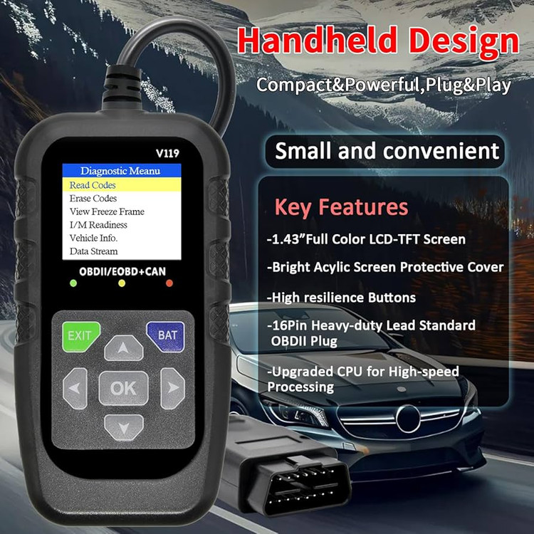 دیاگ OBD2 خودرو، ابزار تشخیصی، کدخوان، تستر ولتاژ، کد خطای چراغ چک موتور، OBD2/EOBD برای پروتکل OBDII خودرو و کامیون مدل V119