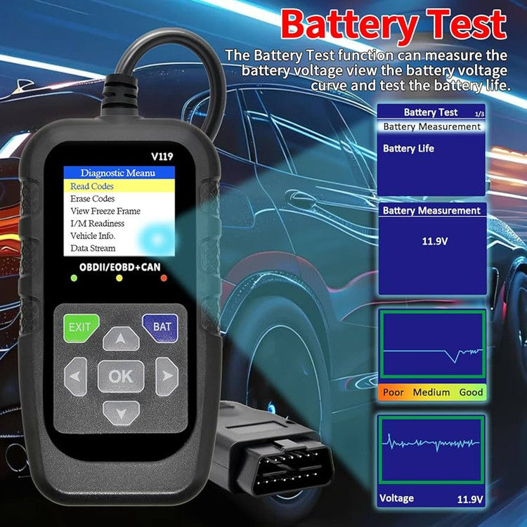 دیاگ OBD2 خودرو، ابزار تشخیصی، کدخوان، تستر ولتاژ، کد خطای چراغ چک موتور، OBD2/EOBD برای پروتکل OBDII خودرو و کامیون مدل V119