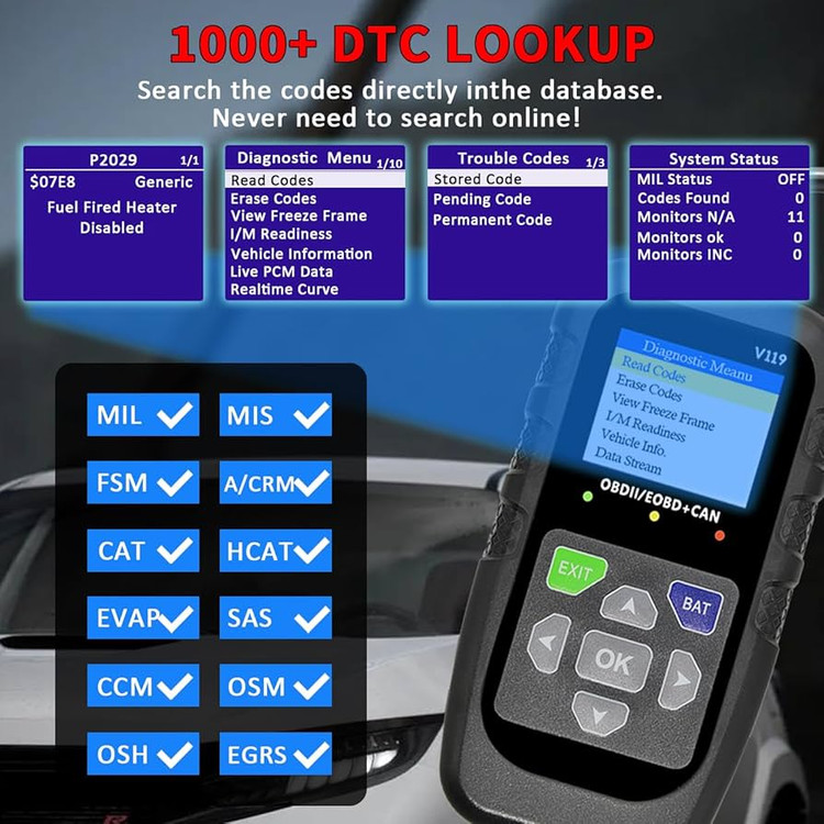 دیاگ OBD2 خودرو، ابزار تشخیصی، کدخوان، تستر ولتاژ، کد خطای چراغ چک موتور، OBD2/EOBD برای پروتکل OBDII خودرو و کامیون مدل V119
