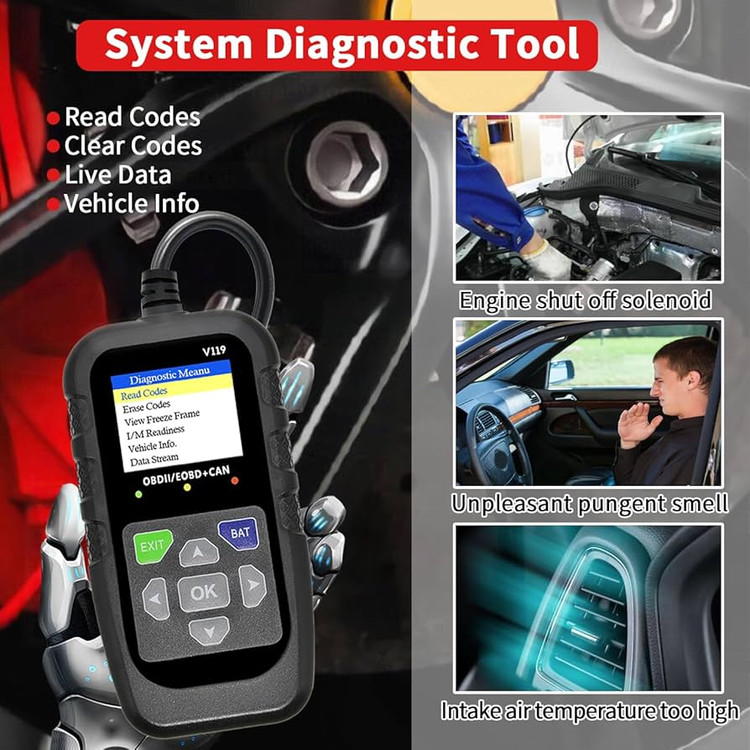 دیاگ OBD2 خودرو، ابزار تشخیصی، کدخوان، تستر ولتاژ، کد خطای چراغ چک موتور، OBD2/EOBD برای پروتکل OBDII خودرو و کامیون مدل V119