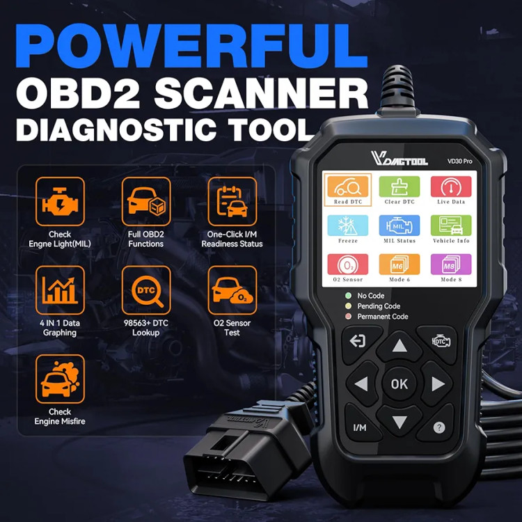 دیاگ خودرو VDIAGTOOL VD30 Pro Car Code Reader OBD2 برای اتومبیلها و کامیونها، بررسی کد موتور، اسکنر OBD2 با تنظیم مجدد، اسکنر OBDII