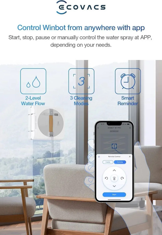 ربات شیشه پاک کن ECOVACS WINBOT W1S با اسپری دوگانه آب، ربات شیشه پاک کن برقی فوق پیشرفته با کنترل از طریق اپلیکیشن و برنامه ریزی هوشمند مسیر، سنسورهای ضد سقوط - ایده آل برای ساختمان های بلند و مصارف خانگی(لطفا مقایسه آن را با مدل w1pro در قسمت آخر توضیحات را مطالعه کنید)