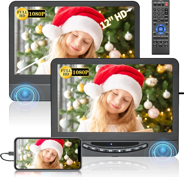 پخشکننده DVD قابلحمل ۱۲ اینچی برای خودرو با ورودی HDMI با کیفیت 1080P، پخشکننده DVD شارژی خودرو FELEMAN با دو صفحهنمایش و انتقال سیگنال دیجیتال Full HD، پشتیبانی از USB و قابلیت ذخیره آخرین وضعیت (۱ پخشکننده + ۱ مانیتور)»