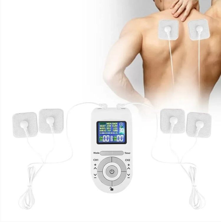 دستگاه تحریک عضلات AGAM TENS & EMS – ماساژور پالس الکتریکی دو کاناله با ۱۲ حالت و ۸ پد الکترودی، دستگاه باتریخور برای تسکین درد کمر، گردن، شانه و پاها