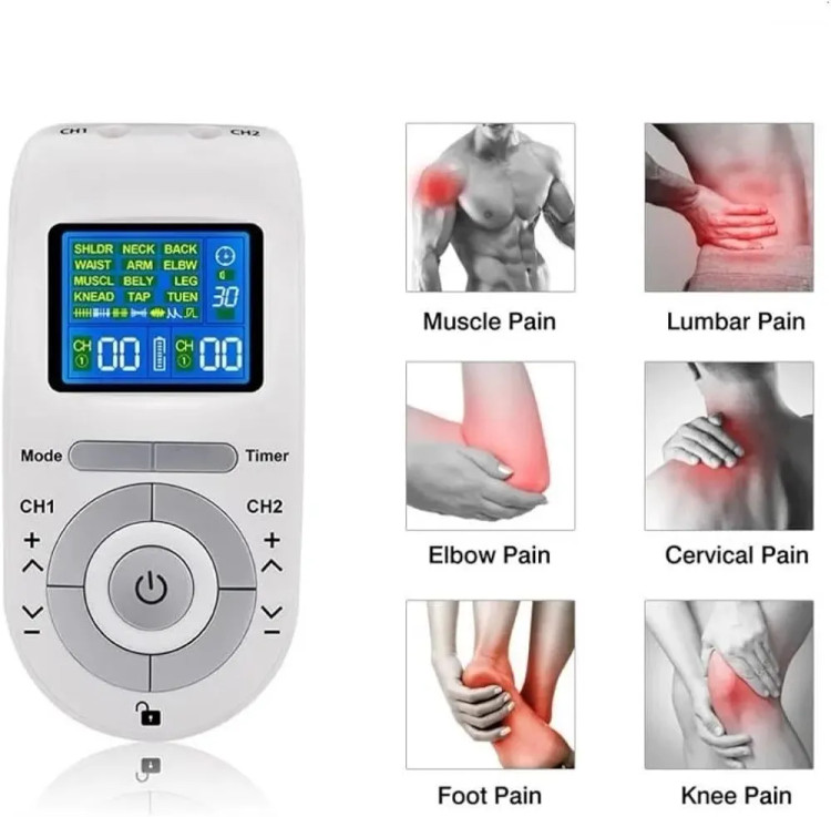 دستگاه تحریک عضلات AGAM TENS & EMS – ماساژور پالس الکتریکی دو کاناله با ۱۲ حالت و ۸ پد الکترودی، دستگاه باتریخور برای تسکین درد کمر، گردن، شانه و پاها