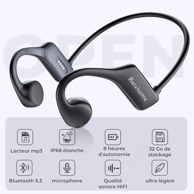 هدفون استخوانی (Bone Conduction) | مجهز به بلوتوث ۵.۳ و پخشکننده MP3 با حافظه ۳۲ گیگابایت | استاندارد ضدآب IPX8 | کاملاً ایدهآل برای شنا و دویدن