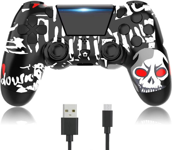دسته بازی بیسیم ارتقایافته YUYIU برای پلیاستیشن ۴ (PS4/Slim/Pro) و کامپیوتر (PC) | دارای قابلیت ویبره دوگانه، اسپیکر داخلی، جک هدفون، تاچپد و ژیروسکوپ ششمحوره (طرح اسکلت - SKULL)