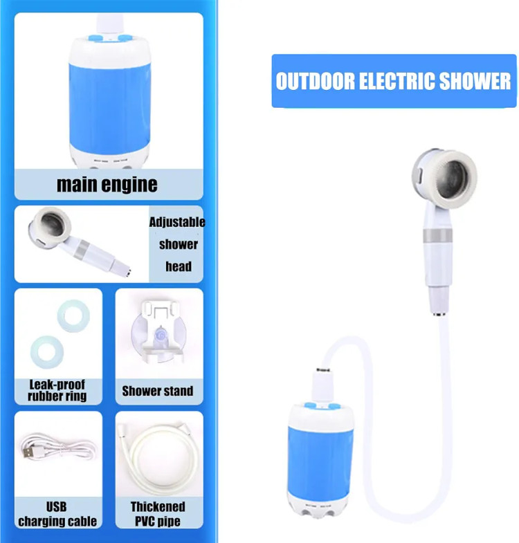 دوش کمپینگ قابل حمل مدل پایه (آبی) – شارژی با USB، مجهز به باتری ۶۰۰۰ میلیآمپرساعت، مناسب دوش فضای باز و شستوشوی خودرو