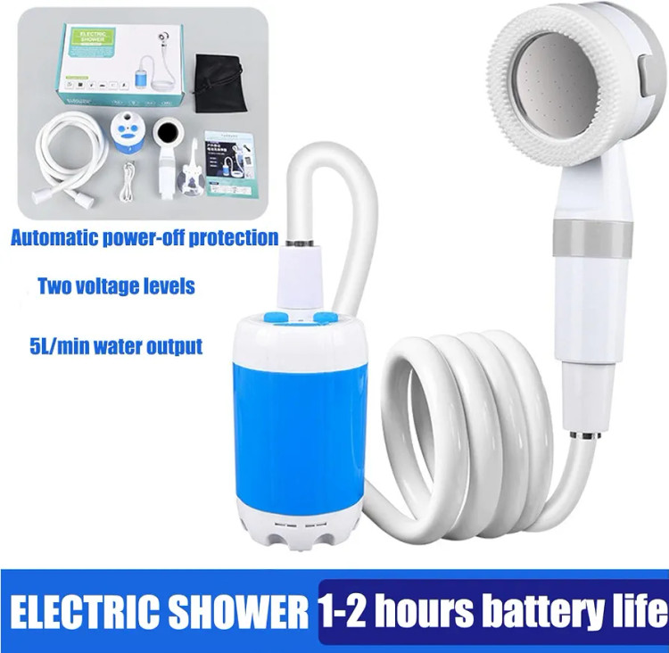 دوش کمپینگ قابل حمل مدل پایه (آبی) – شارژی با USB، مجهز به باتری ۶۰۰۰ میلیآمپرساعت، مناسب دوش فضای باز و شستوشوی خودرو