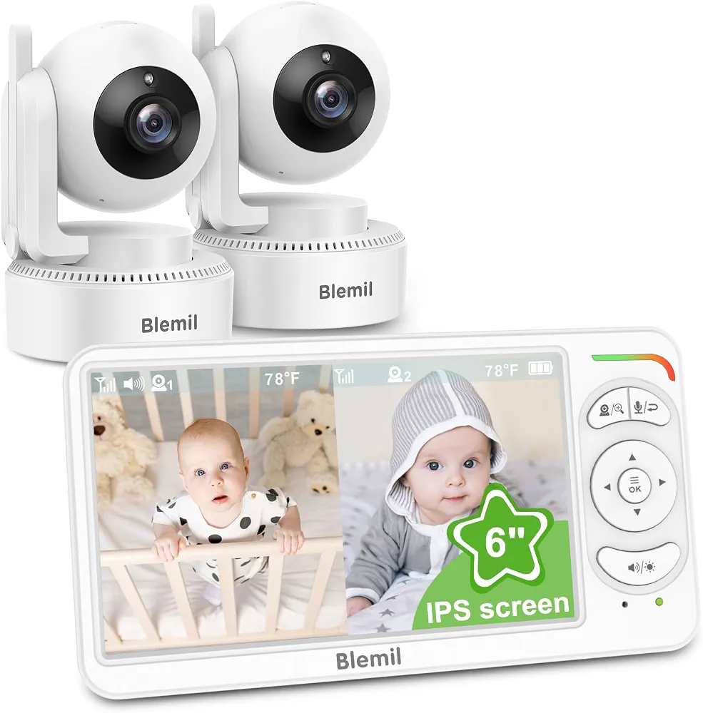 دوربین مراقبت کودک با مانیتور ۶ اینچی IPS برند Blemil با ۲ دوربین و صفحه نمایش دوگانه (Split Screen). مانیتور کودک بدون وای‌فای، دوربین PTZ، دید در شب، باتری با عمر طولانی، صدای دوطرفه، زوم و صفحه نمایش IPS.