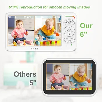 دوربین مراقبت کودک با مانیتور ۶ اینچی IPS برند Blemil با ۲ دوربین و صفحه نمایش دوگانه (Split Screen). مانیتور کودک بدون وایفای، دوربین PTZ، دید در شب، باتری با عمر طولانی، صدای دوطرفه، زوم و صفحه نمایش IPS.