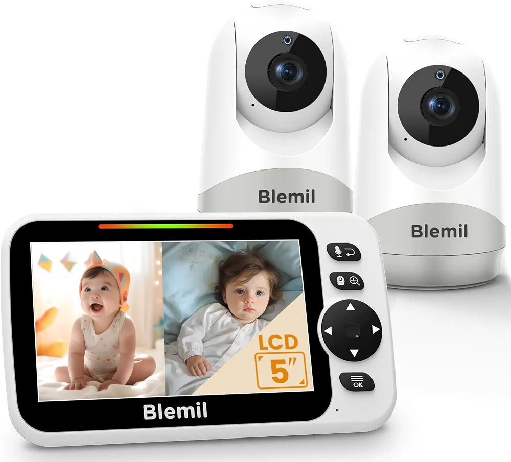 دوربین مراقبت کودک با مانیتور 5 اینچی ارتقایافته Blemil با باتری ۳۰ ساعته، با صفحه نمایش تقسیم‌شده (Split-Screen) به همراه ۲ دوربین و صدا، قابلیت چرخش/خم شدن/زوم از راه دور، مکالمه دوطرفه، سنجش دمای اتاق، دید در شب خودکار