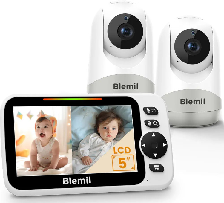 دوربین مراقبت کودک با مانیتور 5 اینچی ارتقایافته Blemil با باتری ۳۰ ساعته، با صفحه نمایش تقسیمشده (Split-Screen) به همراه ۲ دوربین و صدا، قابلیت چرخش/خم شدن/زوم از راه دور، مکالمه دوطرفه، سنجش دمای اتاق، دید در شب خودکار