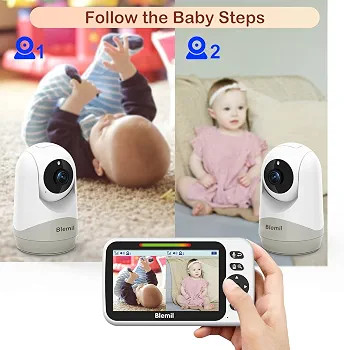 دوربین مراقبت کودک با مانیتور 5 اینچی ارتقایافته Blemil با باتری ۳۰ ساعته، با صفحه نمایش تقسیمشده (Split-Screen) به همراه ۲ دوربین و صدا، قابلیت چرخش/خم شدن/زوم از راه دور، مکالمه دوطرفه، سنجش دمای اتاق، دید در شب خودکار