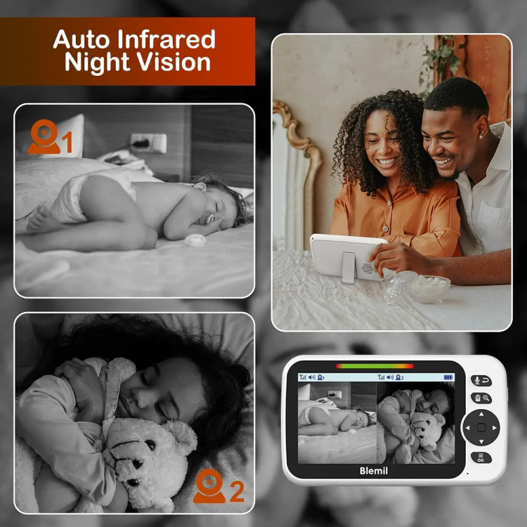 دوربین مراقبت کودک با مانیتور 5 اینچی ارتقایافته Blemil با باتری ۳۰ ساعته، با صفحه نمایش تقسیمشده (Split-Screen) به همراه ۲ دوربین و صدا، قابلیت چرخش/خم شدن/زوم از راه دور، مکالمه دوطرفه، سنجش دمای اتاق، دید در شب خودکار