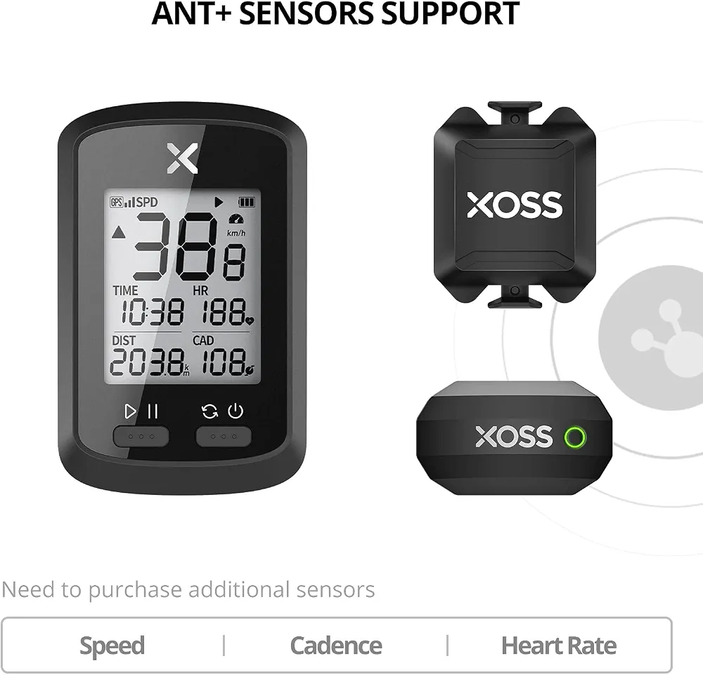 کامپیوتر دوچرخه GPS برند XOSS مدل  G+، کامپیوتر دوچرخه‌سواری دارای بلوتوث و ANT+، سرعت‌سنج و کیلومترشمار بی‌سیم دوچرخه با صفحه نمایش LCD، ردیاب ضد آب کوهستان، مناسب برای تمامی دوچرخه‌ها و دوچرخه‌های برقی (پشتیبانی از اپلیکیشن XOSS).