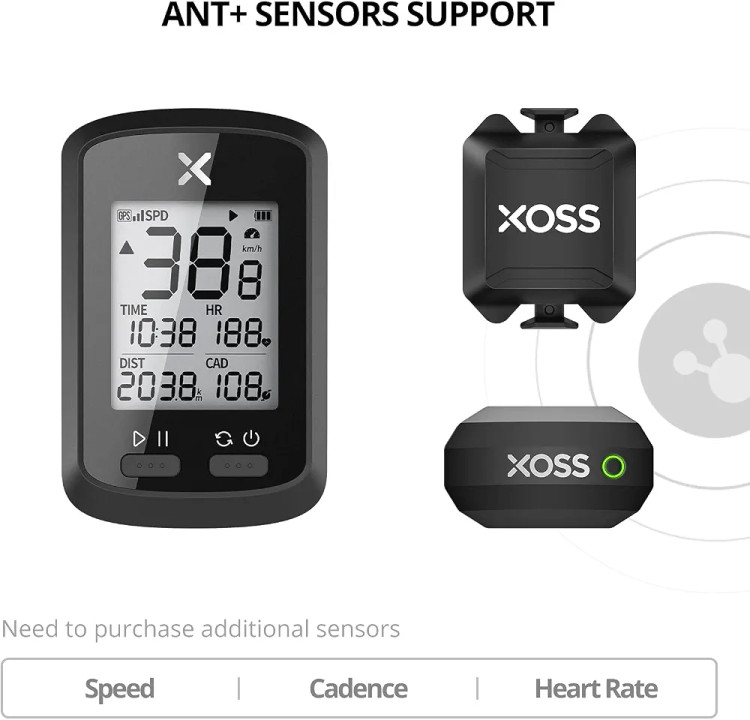 کامپیوتر دوچرخه GPS برند XOSS مدل G+، کامپیوتر دوچرخهسواری دارای بلوتوث و ANT+، سرعتسنج و کیلومترشمار بیسیم دوچرخه با صفحه نمایش LCD، ردیاب ضد آب کوهستان، مناسب برای تمامی دوچرخهها و دوچرخههای برقی (پشتیبانی از اپلیکیشن XOSS).