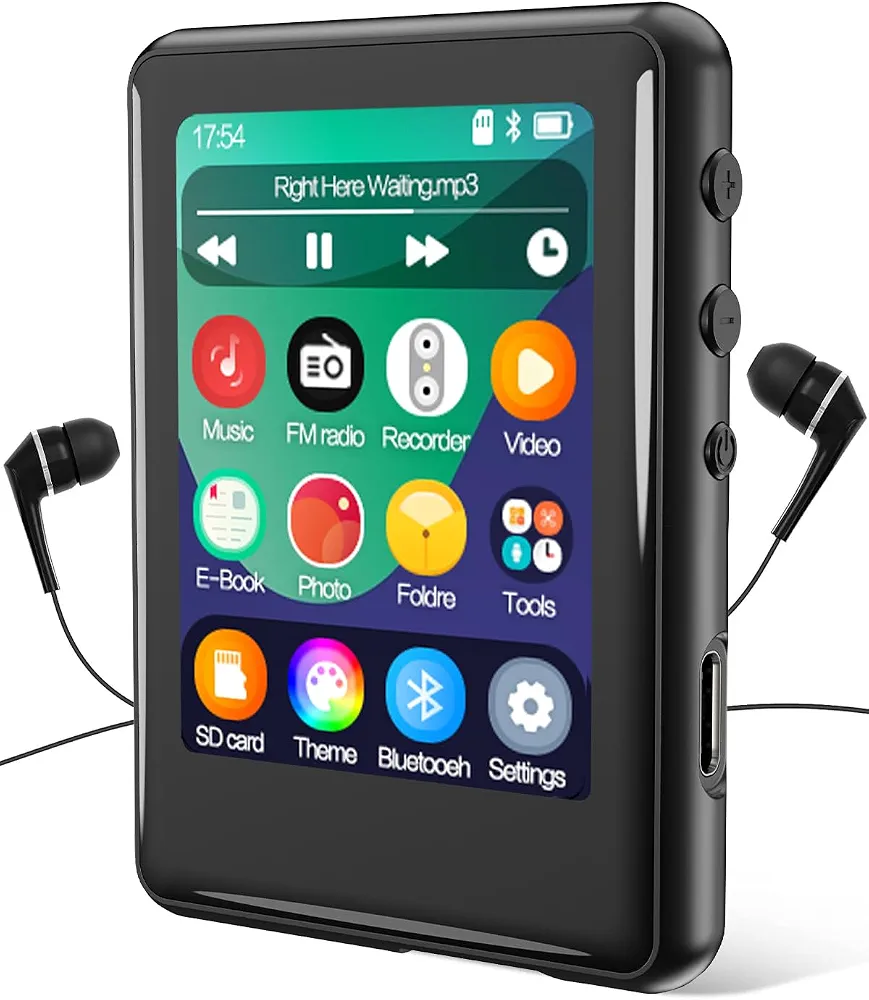 پخش‌کننده MP3 با بلوتوث نسخه ۵.۳، دستگاه پخش موسیقی قابل حمل ۱۶ گیگابایتی تمام‌لمسی برای کودکان، دارای بلندگو، رادیو FM، کتاب الکترونیکی، شیار کارت حافظه Micro SD، به همراه هدفون، با قابلیت پشتیبانی تا ۲۵۶ گیگابایت. مدل S7