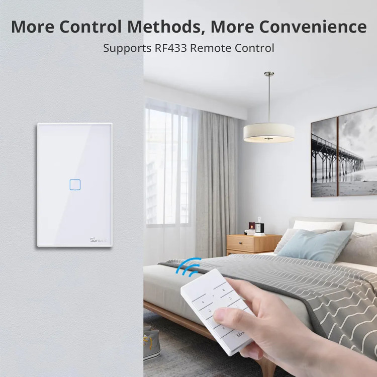 کلید لمسی هوشمند SONOFF TX T2 تک پل Wi-Fi با ریموت RF433 و کنترل صوتی(رنگ مشکی)