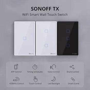 کلید لمسی هوشمند SONOFF TX T2 تک پل Wi-Fi با ریموت RF433 و کنترل صوتی(رنگ مشکی)