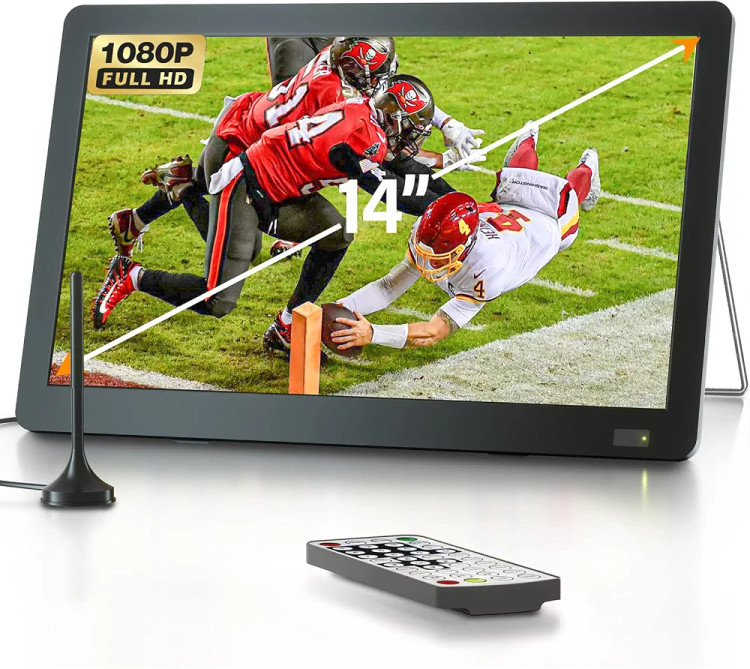 تلویزیون قابلحمل ۱۴ اینچی شارژی Desobry با آنتن، گیرنده دیجیتال DVB-T2 ، نمایشگر LCD با وضوح 1080P، پایه داخلی و ورودیهای HDMI، USB و AV