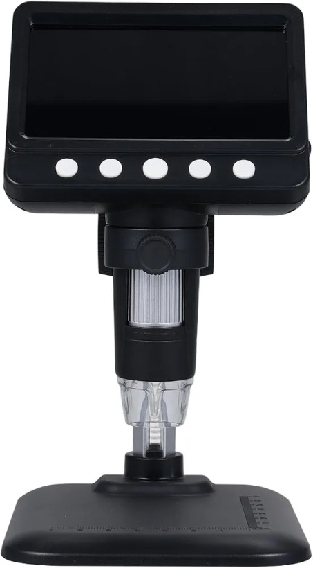 میکروسکوپ دیجیتال IPS با صفحهنمایش ۴٫۳ اینچی، بزرگنمایی تا ۱۰۰۰ برابر، وضوح تصویر Full HD با رزولوشن ۱۹۲۰×۱۰۸۰، مجهز به ۸ چراغ LED، مناسب بررسی بردهای الکترونیکی (PCB)، بررسی سکه و مشاهده پوست و مو، با بدنه مشکی از جنس پلاستیک ABS.