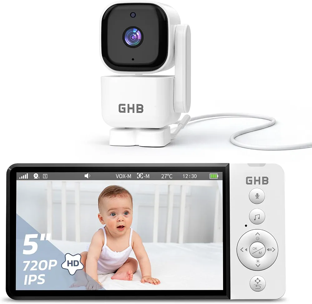 دوربین مراقبت کودک با صفحه نمایش ۵ اینچی GHB  مدل ABM720، قابلیت چرخش ۳۵۰ درجه، تشخیص حرکت، فرکانس ۲.۴ گیگاهرتز بدون وای‌فای، حالت صوتی VOX، سنسور دما، دید در شب، دارای ۸ لالایی.