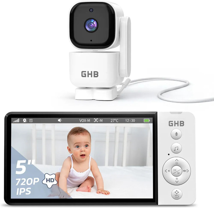 دوربین مراقبت کودک با صفحه نمایش ۵ اینچی GHB مدل ABM720، قابلیت چرخش ۳۵۰ درجه، تشخیص حرکت، فرکانس ۲.۴ گیگاهرتز بدون وایفای، حالت صوتی VOX، سنسور دما، دید در شب، دارای ۸ لالایی.