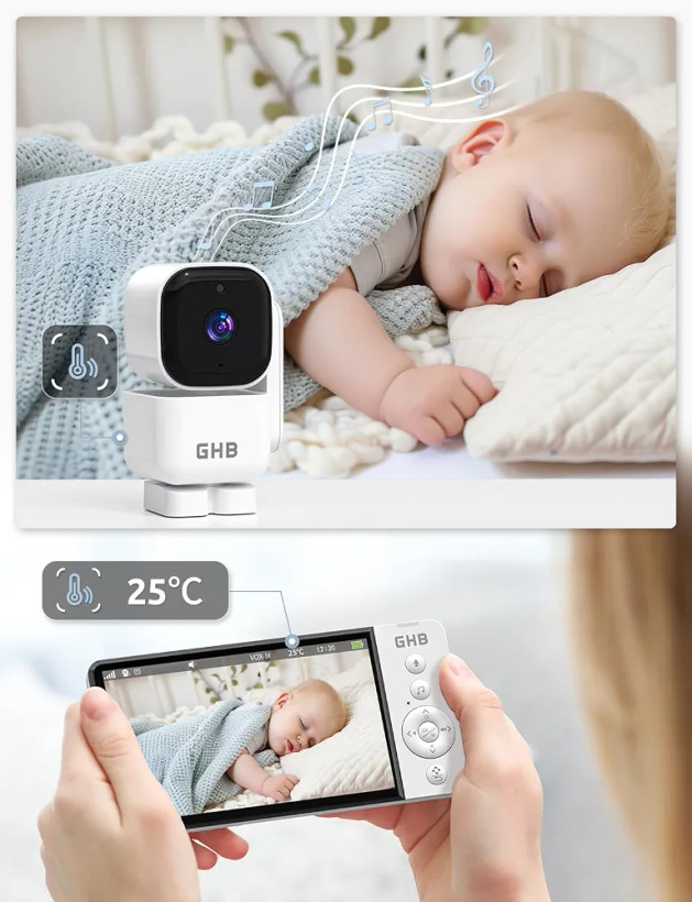دوربین مراقبت کودک با صفحه نمایش ۵ اینچی GHB مدل ABM720، قابلیت چرخش ۳۵۰ درجه، تشخیص حرکت، فرکانس ۲.۴ گیگاهرتز بدون وایفای، حالت صوتی VOX، سنسور دما، دید در شب، دارای ۸ لالایی.