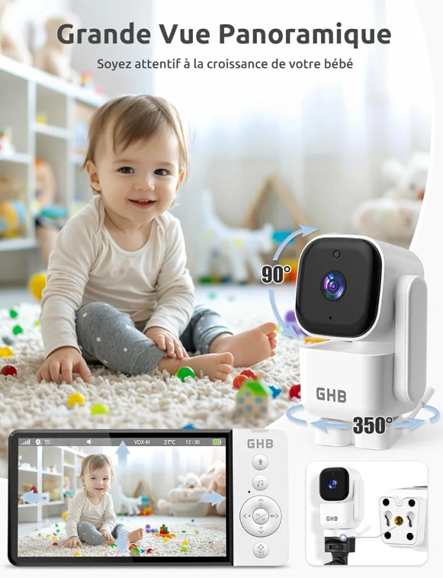 دوربین مراقبت کودک با صفحه نمایش ۵ اینچی GHB مدل ABM720، قابلیت چرخش ۳۵۰ درجه، تشخیص حرکت، فرکانس ۲.۴ گیگاهرتز بدون وایفای، حالت صوتی VOX، سنسور دما، دید در شب، دارای ۸ لالایی.