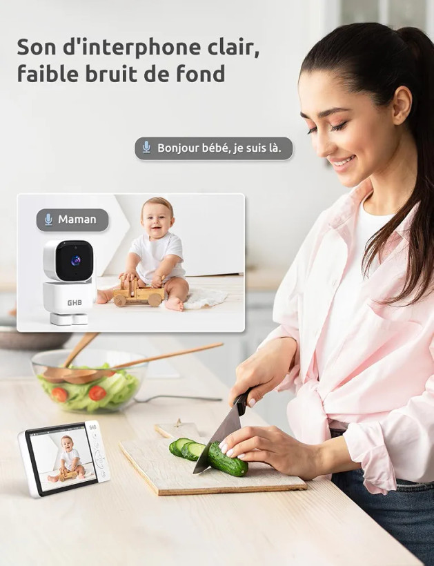 دوربین مراقبت کودک با صفحه نمایش ۵ اینچی GHB مدل ABM720، قابلیت چرخش ۳۵۰ درجه، تشخیص حرکت، فرکانس ۲.۴ گیگاهرتز بدون وایفای، حالت صوتی VOX، سنسور دما، دید در شب، دارای ۸ لالایی.