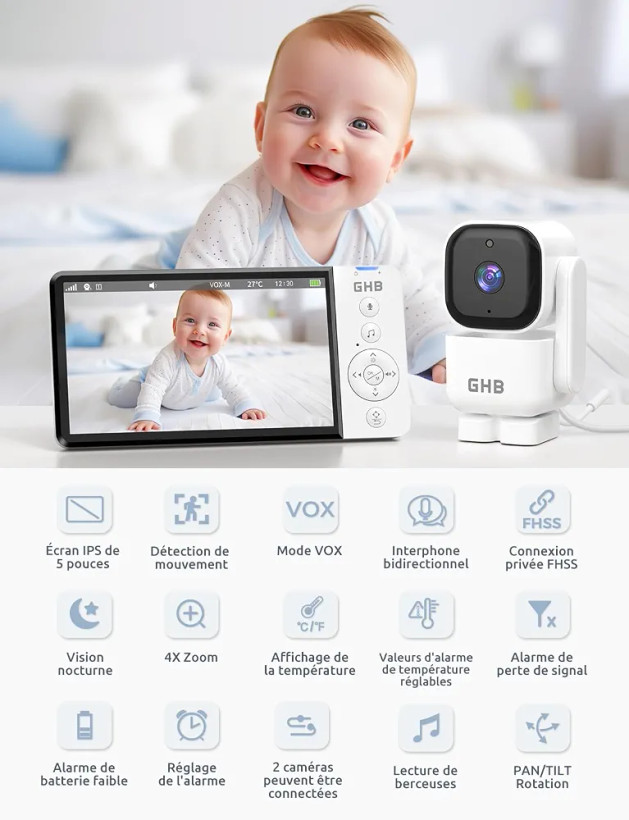 دوربین مراقبت کودک با صفحه نمایش ۵ اینچی GHB مدل ABM720، قابلیت چرخش ۳۵۰ درجه، تشخیص حرکت، فرکانس ۲.۴ گیگاهرتز بدون وایفای، حالت صوتی VOX، سنسور دما، دید در شب، دارای ۸ لالایی.