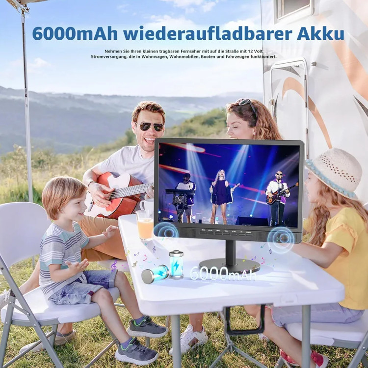 تلویزیون قابلحمل کوچک DESOBRY با صفحهنمایش ۱۸ اینچی، آنتن و گیرنده دیجیتال Freeview DVB-T2، باتری قابلشارژ ۶۰۰۰ میلیآمپرساعت و پایه، مناسب کمپینگ و فضای باز، اتاق خواب و آشپزخانه.