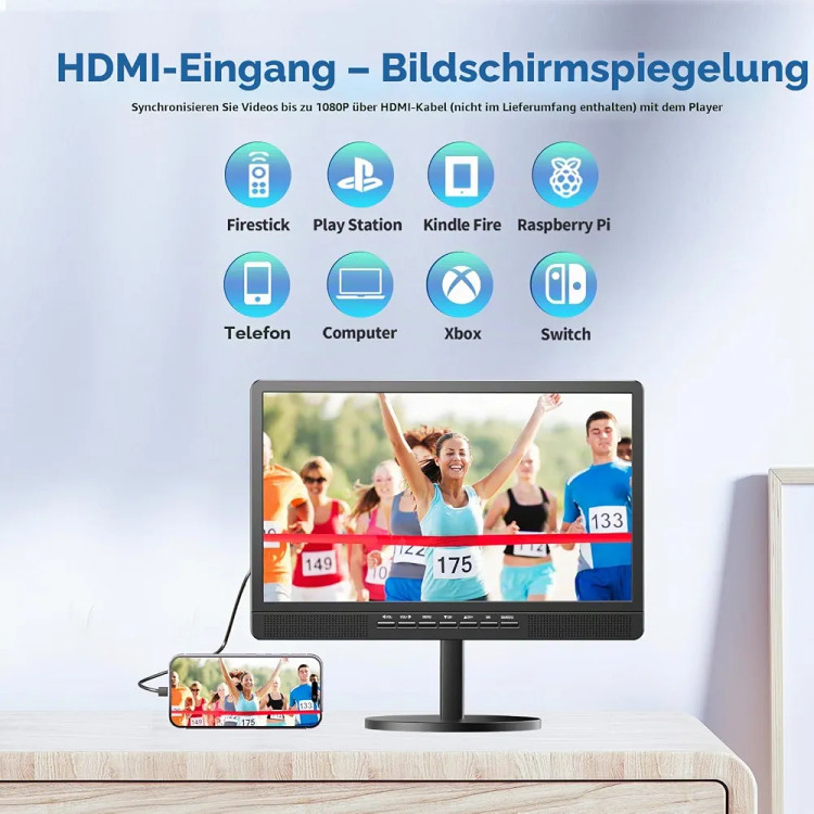 تلویزیون قابلحمل کوچک DESOBRY با صفحهنمایش ۱۸ اینچی، آنتن و گیرنده دیجیتال Freeview DVB-T2، باتری قابلشارژ ۶۰۰۰ میلیآمپرساعت و پایه، مناسب کمپینگ و فضای باز، اتاق خواب و آشپزخانه.