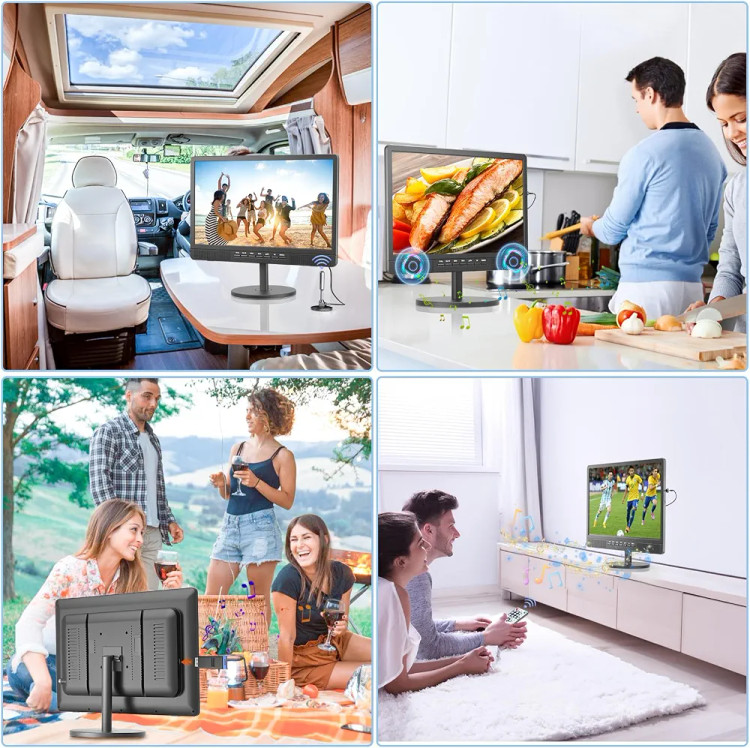 تلویزیون قابلحمل کوچک DESOBRY با صفحهنمایش ۱۸ اینچی، آنتن و گیرنده دیجیتال Freeview DVB-T2، باتری قابلشارژ ۶۰۰۰ میلیآمپرساعت و پایه، مناسب کمپینگ و فضای باز، اتاق خواب و آشپزخانه.