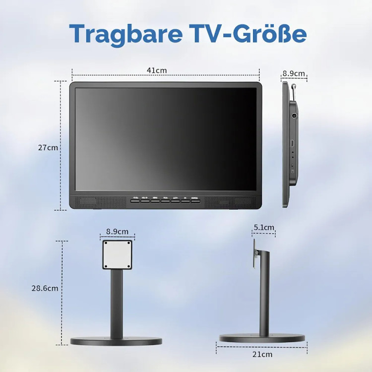 تلویزیون قابلحمل کوچک DESOBRY با صفحهنمایش ۱۸ اینچی، آنتن و گیرنده دیجیتال Freeview DVB-T2، باتری قابلشارژ ۶۰۰۰ میلیآمپرساعت و پایه، مناسب کمپینگ و فضای باز، اتاق خواب و آشپزخانه.