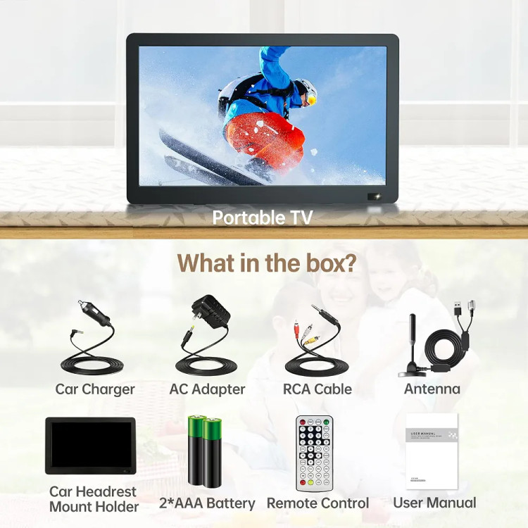 تلویزیون قابلحمل ۱۴ اینچی شارژی Desobry با آنتن، گیرنده دیجیتال DVB-T2 ، نمایشگر LCD با وضوح 1080P، پایه داخلی و ورودیهای HDMI، USB و AV