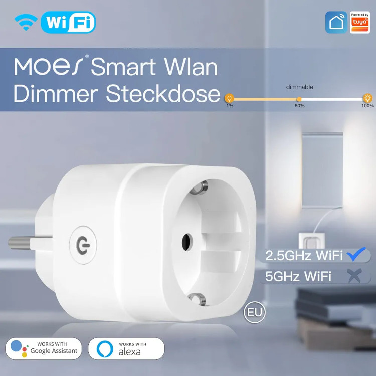 پریز هوشمند دیمر وایفای 16آ مپری MOES مدل SWE01، کنترل شدت نور لامپهای LED دیمرپذیر و هالوژن، سازگار با الکسا و گوگل هوم